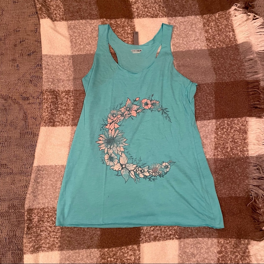 Blue Graphic FloralMoon Crescent Flowy Racerback Tank - NWOT